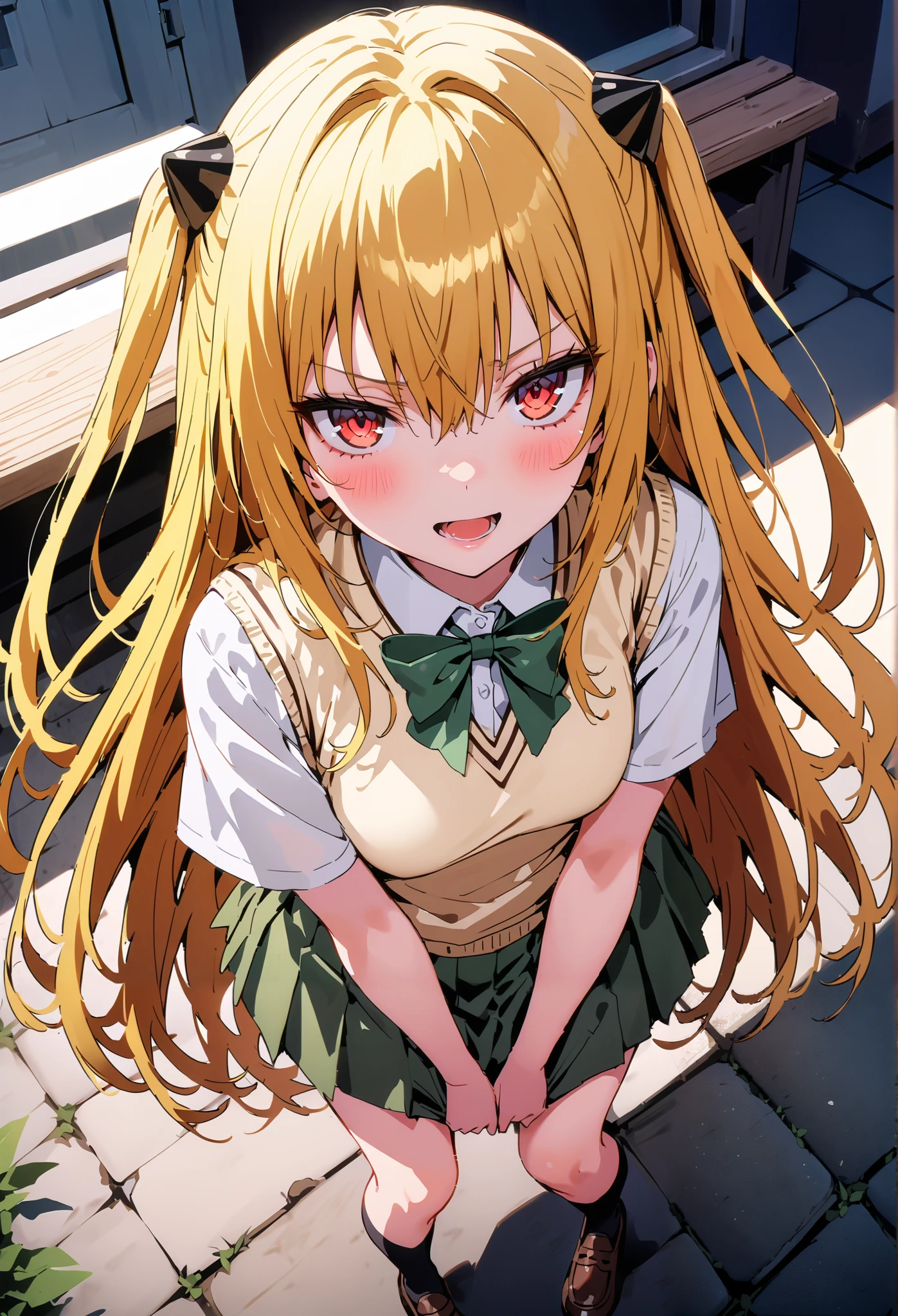 score_9, score_8_up, score_7_up, source_anime,
toloverudarkness, darkness, yellow hair , long hair, red eyes, hair ornaments close to the garden, two side up,
Sainan school uniform, shirt, white shirt, bow, green bow, skirt, green skirt, pleated skirt, short skirt,sweater , light brown sweater vest, short sleeve,Black socks,loafers, skirtタグ, eyelashes skirt tug, skirt,black string panties, Lift of the Wind , mad at my anal, teary eyes in the store,embarrassing,opens her mouth, staring at you,angle from above,noon, bench,full bodyがイラストに入るように, break outdoors, School building,
break looking at viewer,full body,
break (masterpiece:1.2),Highest quality , kampala, Unity 8K Wallpaper ,(shape:0.8),( fine, beautiful eyes :1.6),It's a person ,full body写真,CG Details , ( perfect hands, complete anatomy),