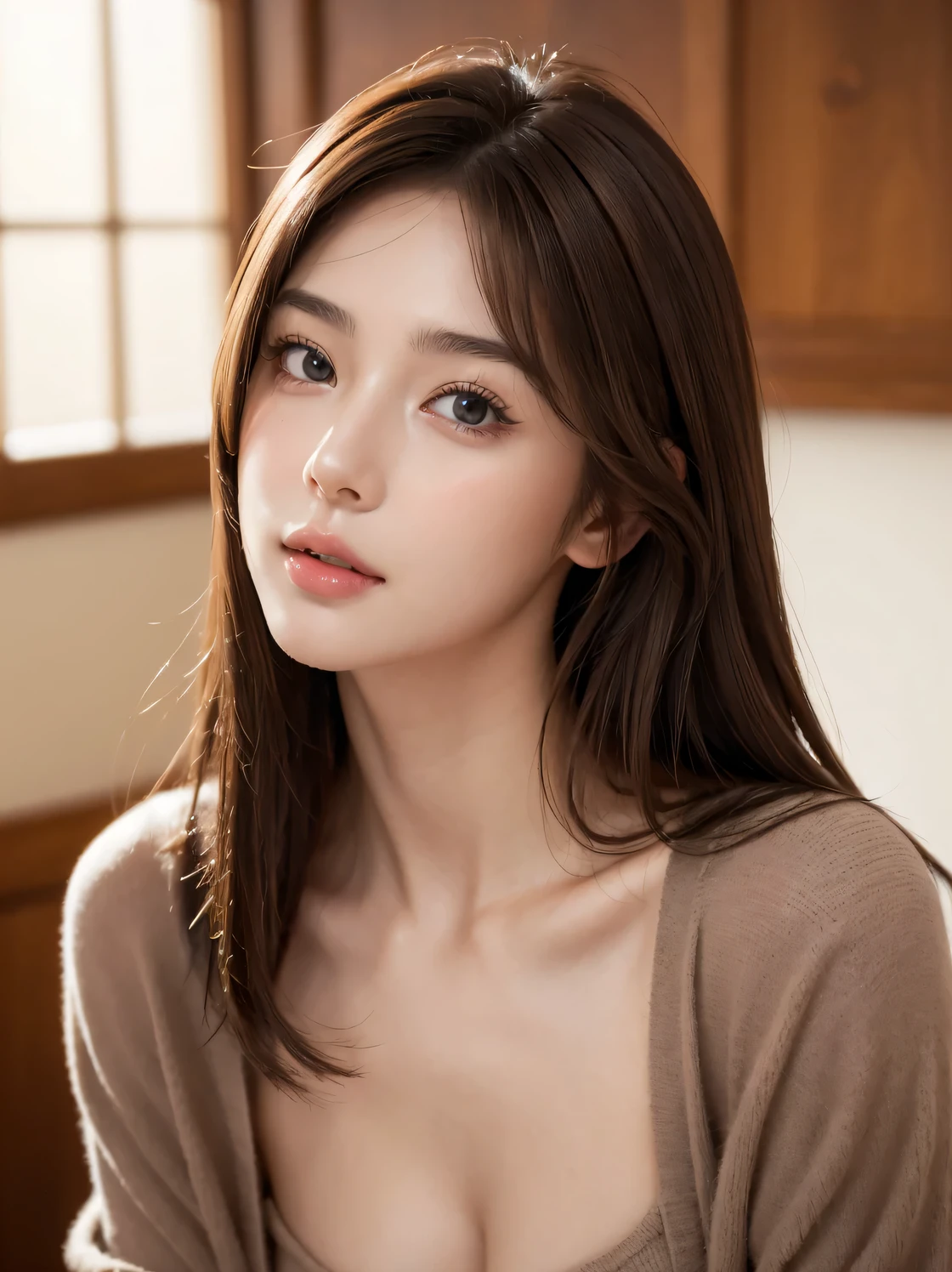 (8K,masutepiece, Raw photo,Best Quality:1.4),(photographrealistic:1.2),(extremely Detailed face),(Shiny skin),(Detailed skin),(Detailed face),(Extremely beautiful face),Cute face,1girl in, Young Woman, Looking at Viewer,Japanese Idol(actress, Brown hair,Medium Hair,Straight hair,asymmetrical bangs,glamor,Large breasts, wearing a loose knit,Sitting on the floor,High Position,Upright
