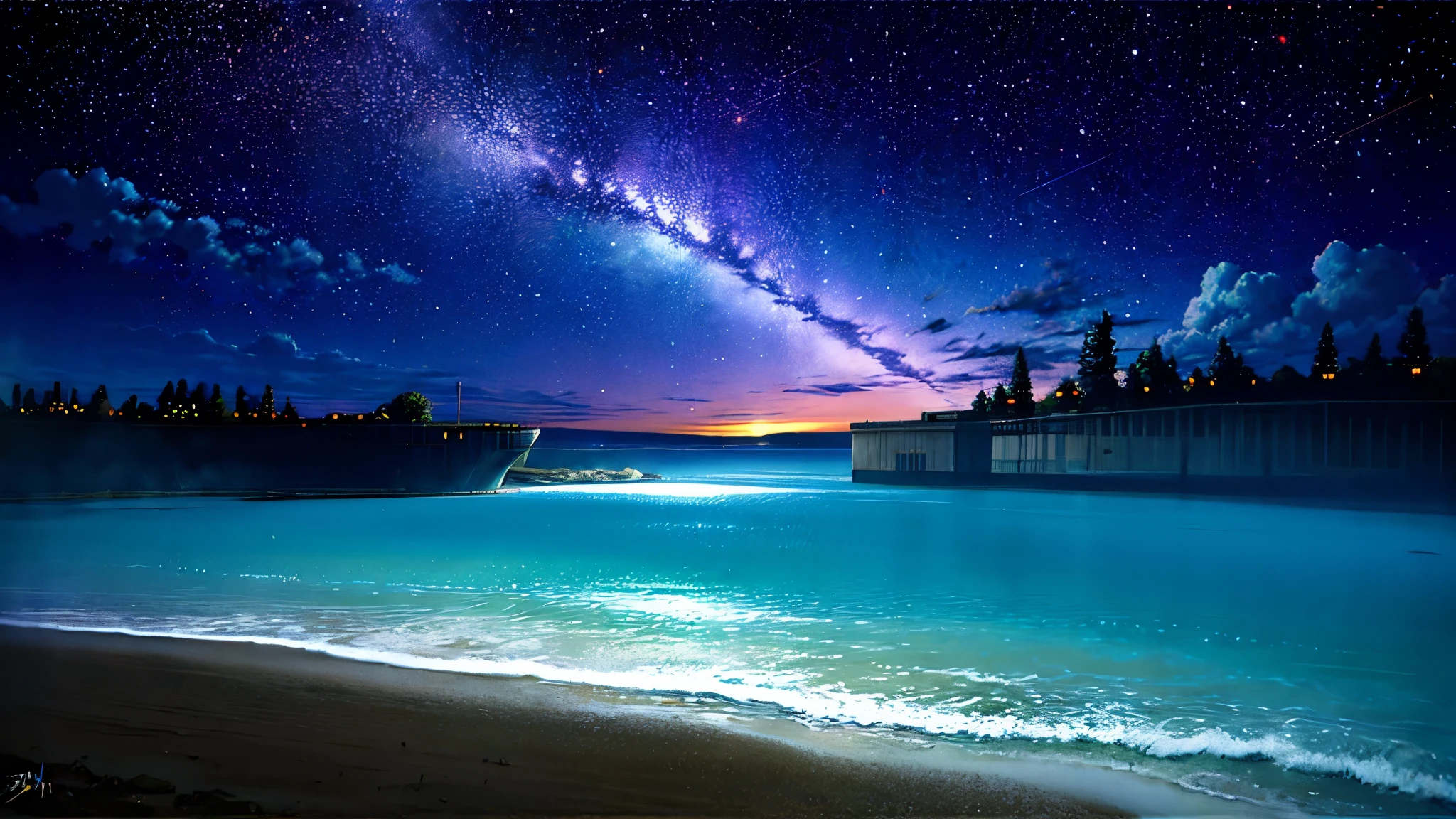 超HD, HD, high quality ,壮観なscenery,octans, null, 満天の星null, scenery, 星null,  night , 1 girl,  night null,  shooting star, the Milky Way Galaxy covering the entire sky, 海に夜nullが映っている, sitting, tree,  long hair,  silhouette , A lot of plankton is shining blue in the sea at night,The ocean is shining blue,Noctilucent bugs are glowing pale,Sea fireflyがもの凄く光っている, beautiful sandy beach,