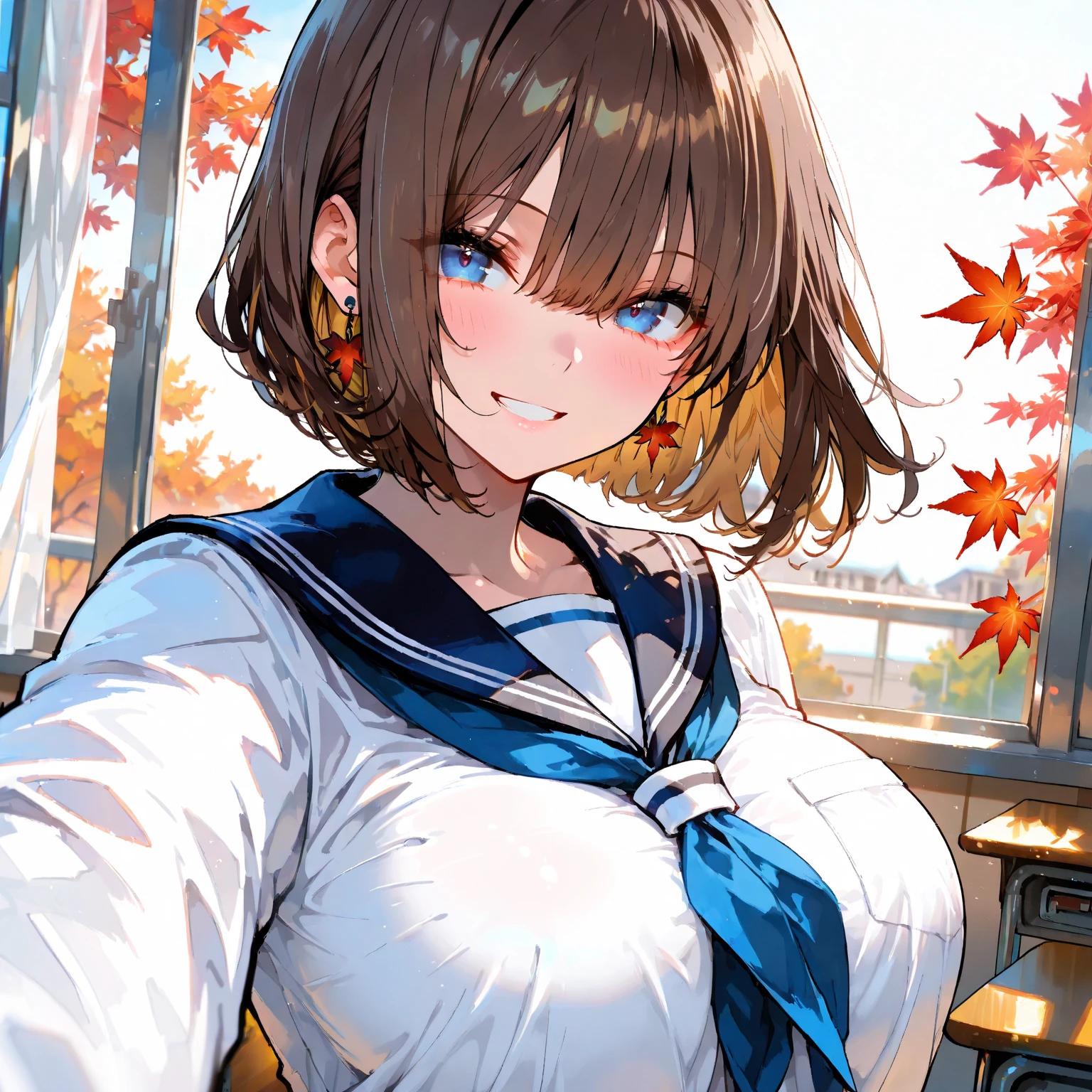 (best quality), (Super detailed), (Best Illustration), (masterpiece), (woman), {(white serafuku:1.2)}, (large breasts:1.2), {brown hair, (sideburns), (bob cut:1.3), curly hair, hairs between eyes, colored inner hair}, {(detailed eyes), blue eyes}, blush, earring, wind, ruin city, botanical
