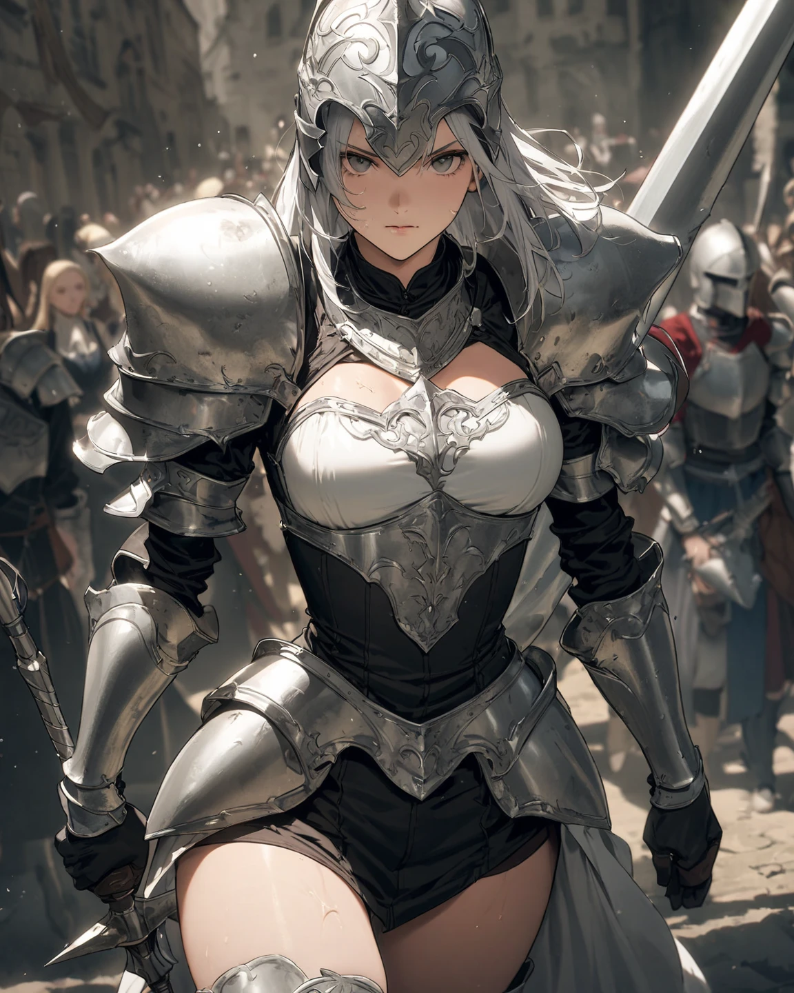 Insane, large breasts, armored female paladin, smiting enemy zombie