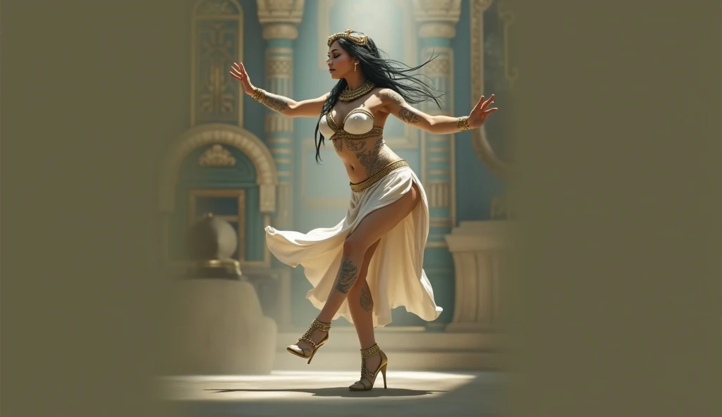 Create Margot Robbie dressed in Egyptian costumes, with long hip-length blonde hair, performing a dance. The artwork should capture the grace and fluidity of your movements, with intricate details in your clothes and accessories. Use a color palette inspired by the vibrant tones found in ancient Egyptian murals and wall paintings to create a visually stunning representation.