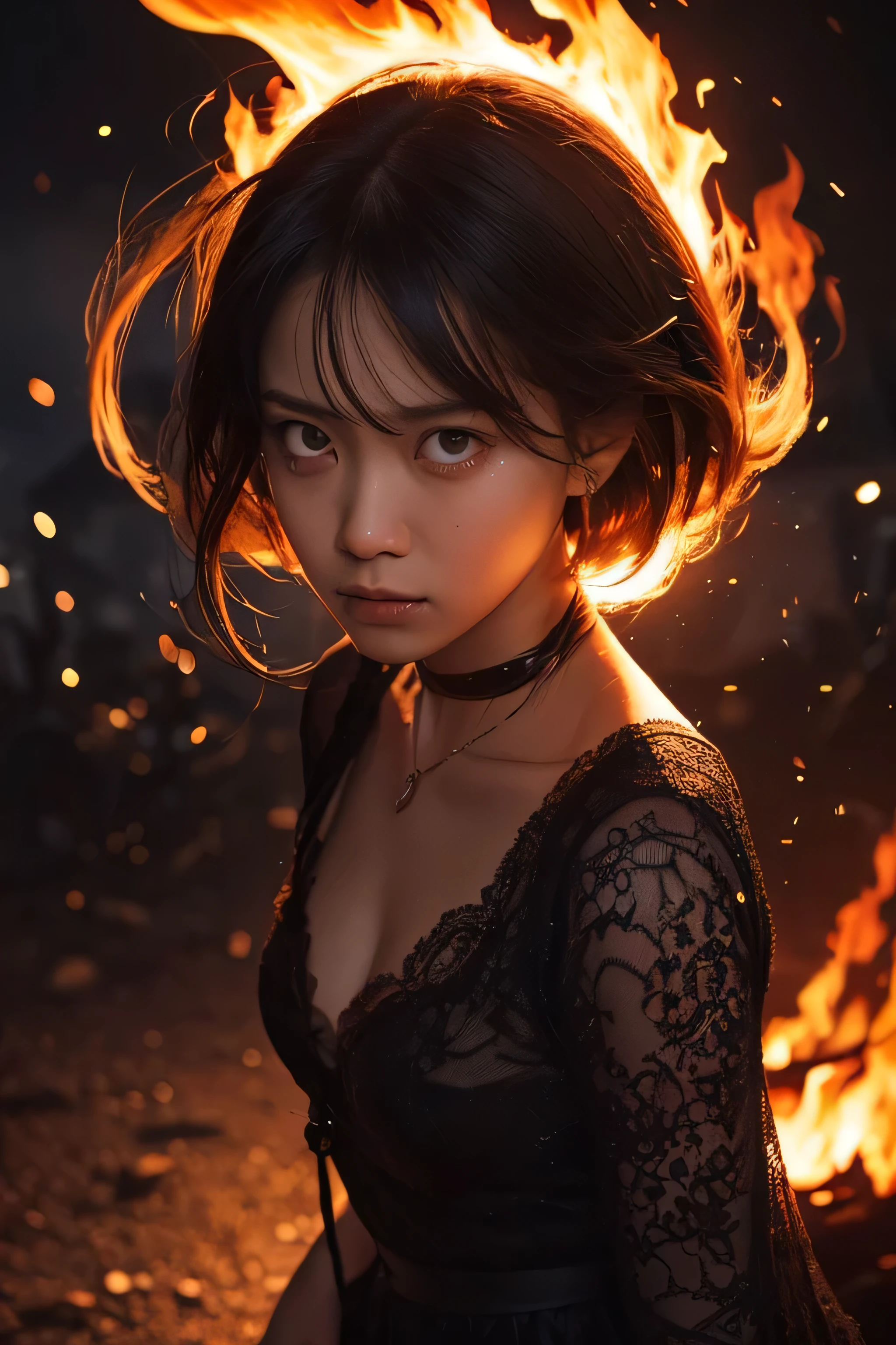 (RAW shooting, Photoreal:1.5, 8k, highest quality, masterpiece, ultra high resolution), Sengoku, Fire, Wars flaring up everywhere:1.3, perfect dynamic composition:1.2, Highly detailed skin and facial textures:1.2, Slim female ninja with a sharp dagger:1.3, Fight:1.2, beautiful and aesthetic:1.2, sexy beauty, perfect style, wear elaborate rings, fire, water, Wind, thunder, ice, Fair skin, very beautiful face, (Medium chest, Chest gap), (embarrassing smile, The expression on your face when you feel intense caress, Facial expression when feeling pleasure), (wearing a sexy ninja costume:1.2, off shoulder:1.1), (beautiful blue eyes, Eyes that feel beautiful eros:0.8), (Too erotic:0.9, Bewitching:0.9), full body shot