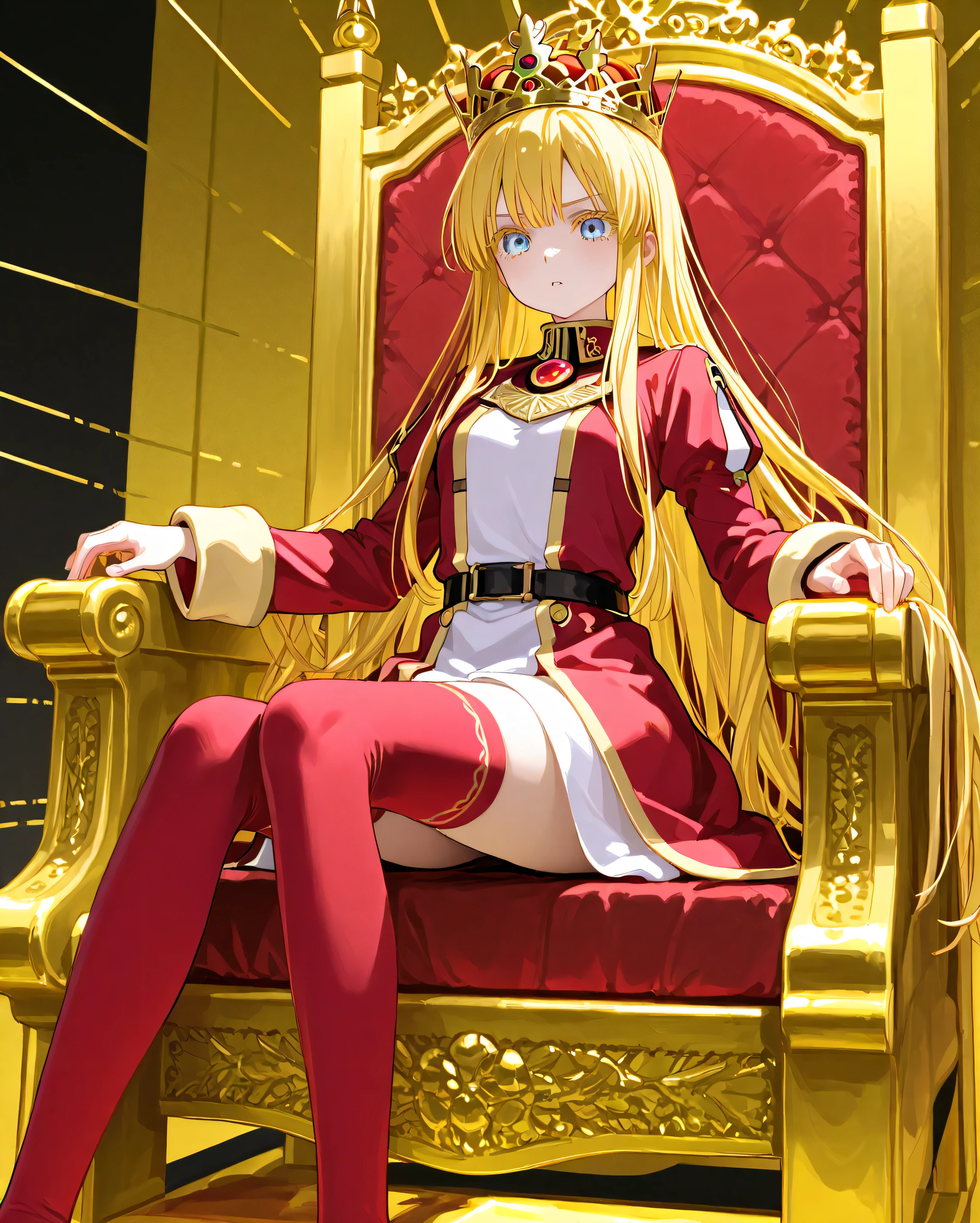 A girl with golden hair and a lazy expression, Light blue eyes and very long golden eyelashes (A royal crown above the head) You are sitting on (A great throne of gold lined with red) Next to her is the golden sun ,wearing a white and red military dress, A red brooch and very long socks in full view