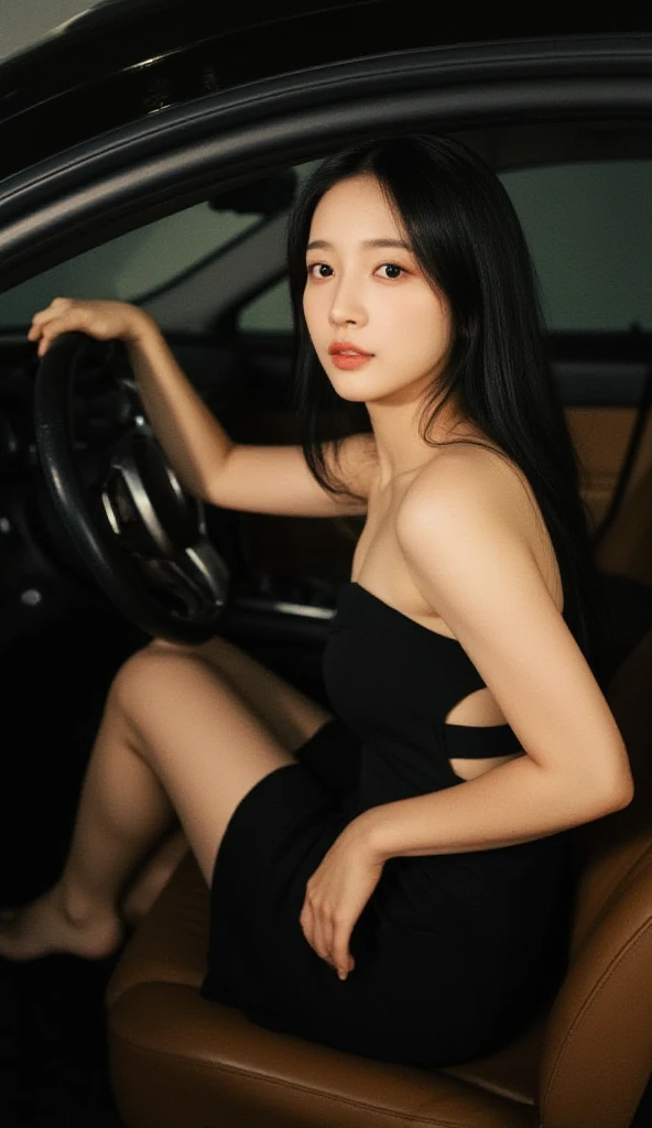 masterpiece、8K、32K、top-quality、A cute Japanese woman、detail portrayal、1 girl in、elegent、28 year old、(razor、Catsuit:1.3)、brack、(car park:1.2)、cowboy shot、ssmile