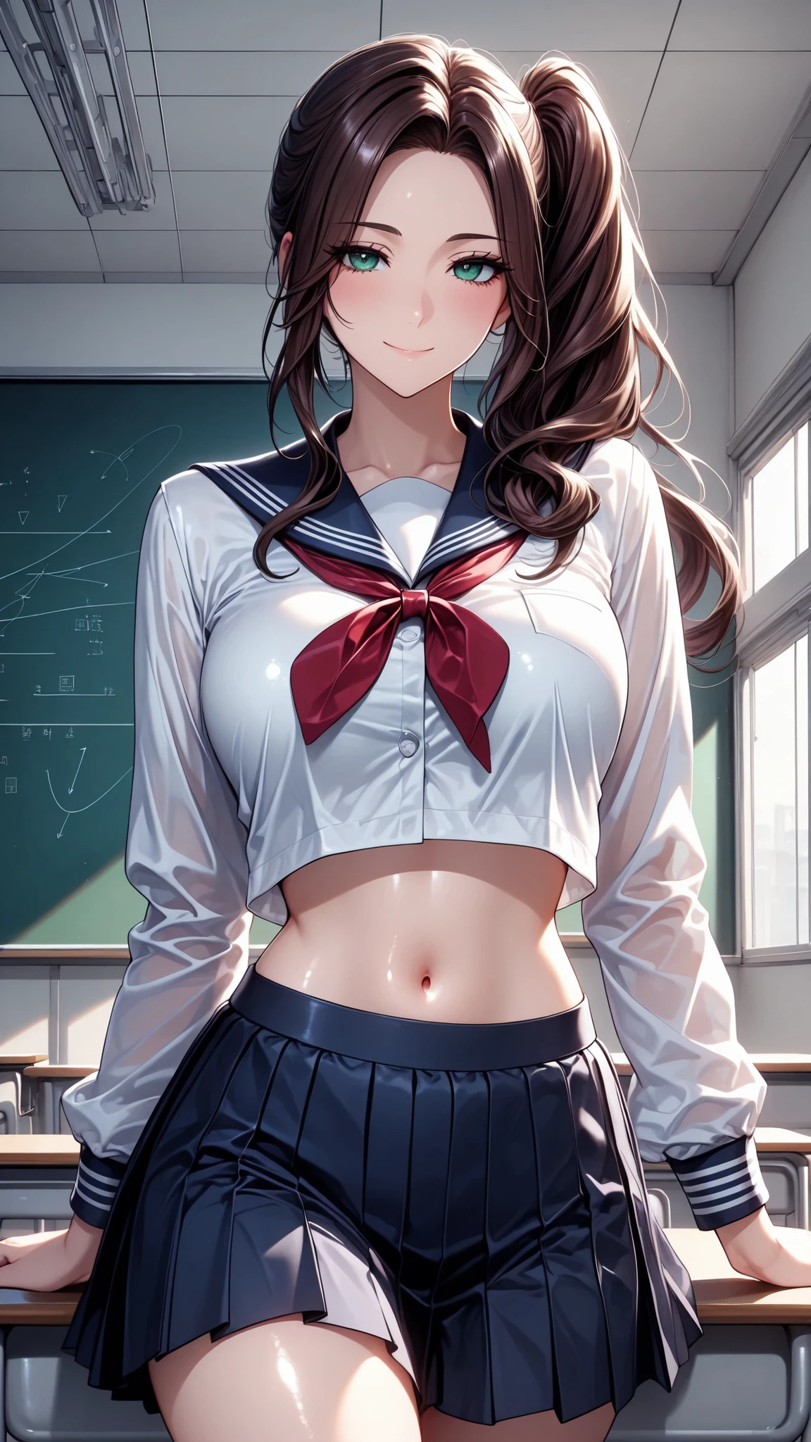 masterpiece, best quality, vibrant, very aesthetic, high contrast, semirealistic, newest, cinematic-lightning, Enhance colors to maximum saturation, shiny skin, slender, 1woman, detailed face, detailed eyes, green eyes, slightly smile, semi-long hair, dark brown silky hair, forehead, sliced back hair, side ponytail, contrapposto, navel, Captivating thighs, knee, classroom, (sheer crop top white shirt), sailor suit,blue pleated skirt, red ribbon tie