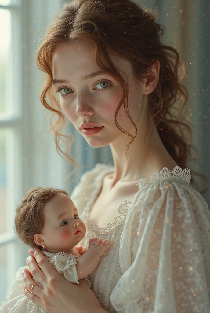 Create an image of a brown-haired woman wearing a red dress holding a doll