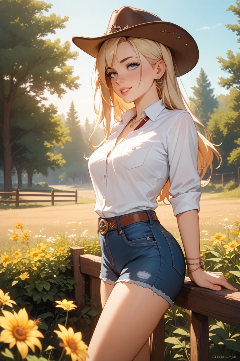 arafed woman in a hat and jeans standing in a field, (solo), western clothing, cowgirl, western cowgirl, female cowgirl, stylish, wearing farm clothes, country style, beautiful model, stunning woman, cute woman, blonde women, (in a field), (waist - shot), cow-girl, gorgeous female, young southern woman, gorgeous woman, photo of slim girl model