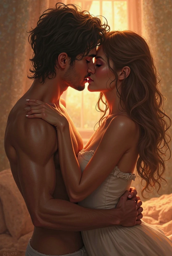 A girl kiss her boyfriend without clothes