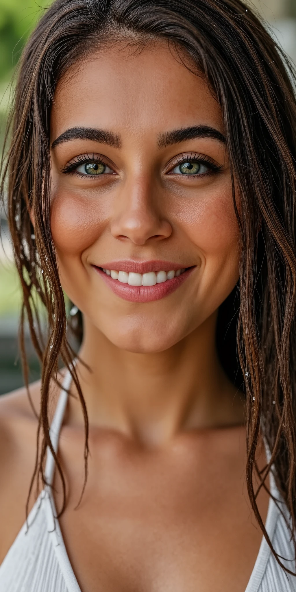 Hyper realistic eye level exterior photo Create a photorealistic, healthy Brazilian female model in her early 20s. Water cascades onto her hair and face, leaving glistening droplets and streams elegantly flowing down her skin. She wears a subtle, satisfied smile, exuding contentment and freshness. Use soft, natural lighting to capture the rejuvenating atmosphere of the scene.