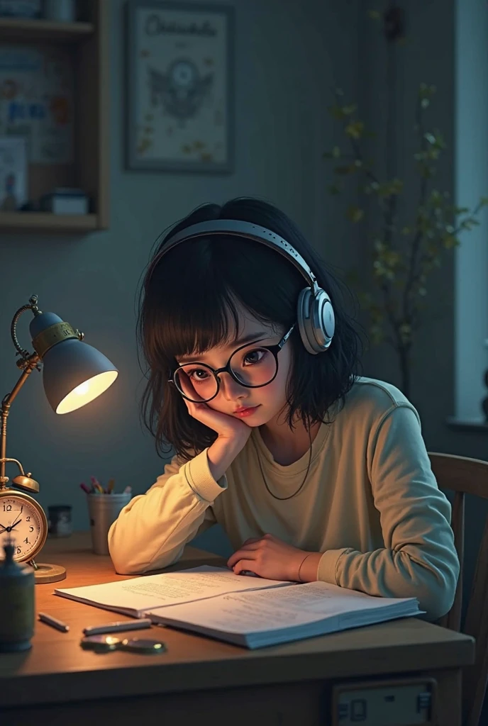 A little girl in front of the window sat at the table,Listen to music with headphones on,Learn,A small dog is by the side