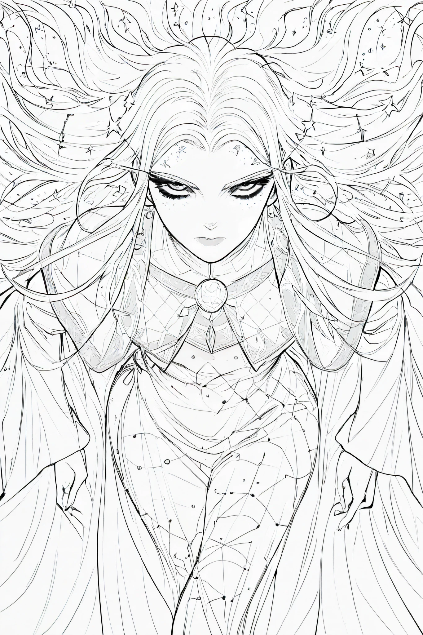 score_9, score_8_up, score_7_up, score_6_up, score_5_up, score_4_up,
BREAK
(masterpiece: 1.0), best quality, perfect anatomy, perfect composition, perfection, 4k resolution, absurdres, very aesthetic, professional artwork, absolutely beautiful, lineart, line art, greyscale, monochrome
BREAK
line art, four fingers and a thumb, timbrook, 1girl, celestial, amorphous hair shape, long hair, star shaped freckles, constellations in hair, long royal capelet, facing viewer, looking at viewer, large eyes, leaning forward, close-up, from above, upturned eyes,