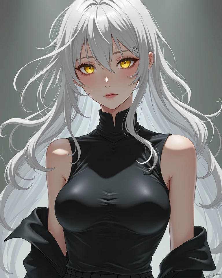 Adult manga woman long white hair with a long bell earring, green eyes dressed in black kimono badass no bangs