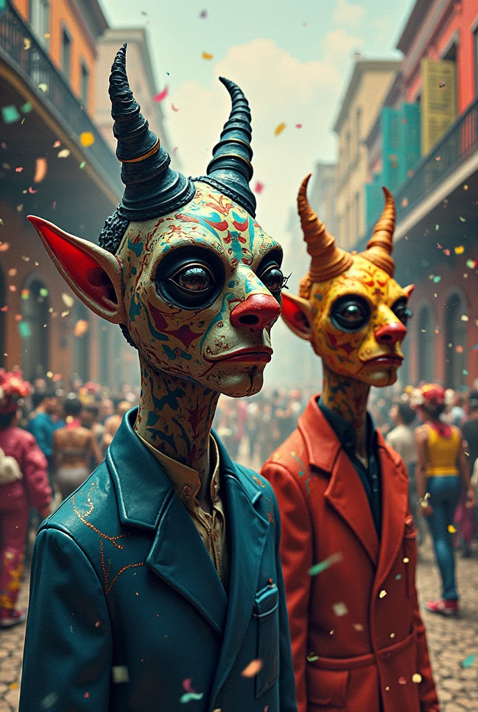 Carnivale, a party of people in body paint costumes dance in the street, a heavy rain has hit, they dancers continue without stopping. Festive, colorful, joy