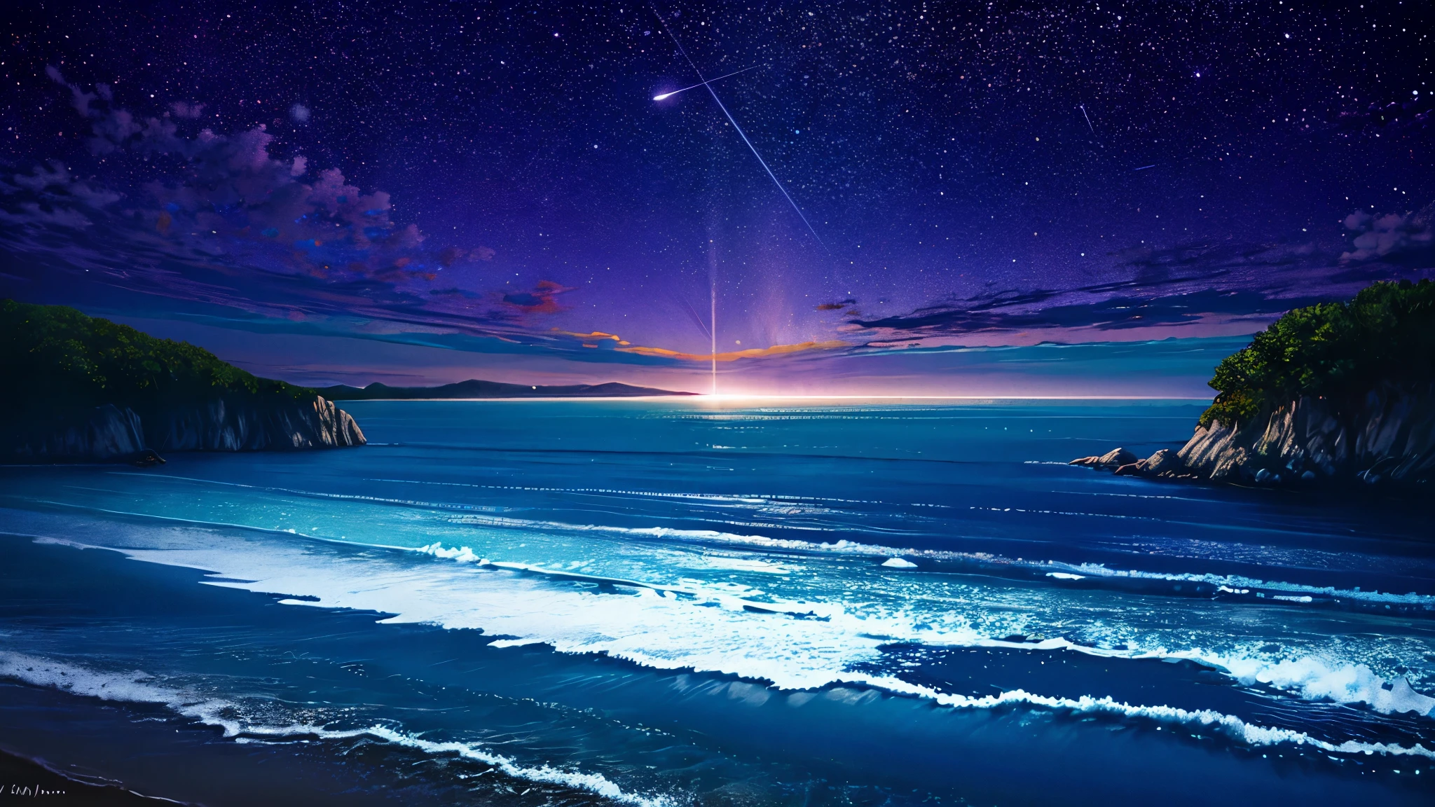 超HD, HD, high quality ,壮観なscenery,octans, null, 満天の星null, scenery, 星null, night , 1 girl, night null, shooting star, the Milky Way Galaxy covering the entire sky, 海に夜nullが映っている,is sitting, tree, long hair, silhouette , A lot of plankton is shining blue in the sea at night,The ocean is shining blue,Noctilucent bugs are glowing pale,Sea fireflyがもの凄く光っている, beautiful sandy beach,