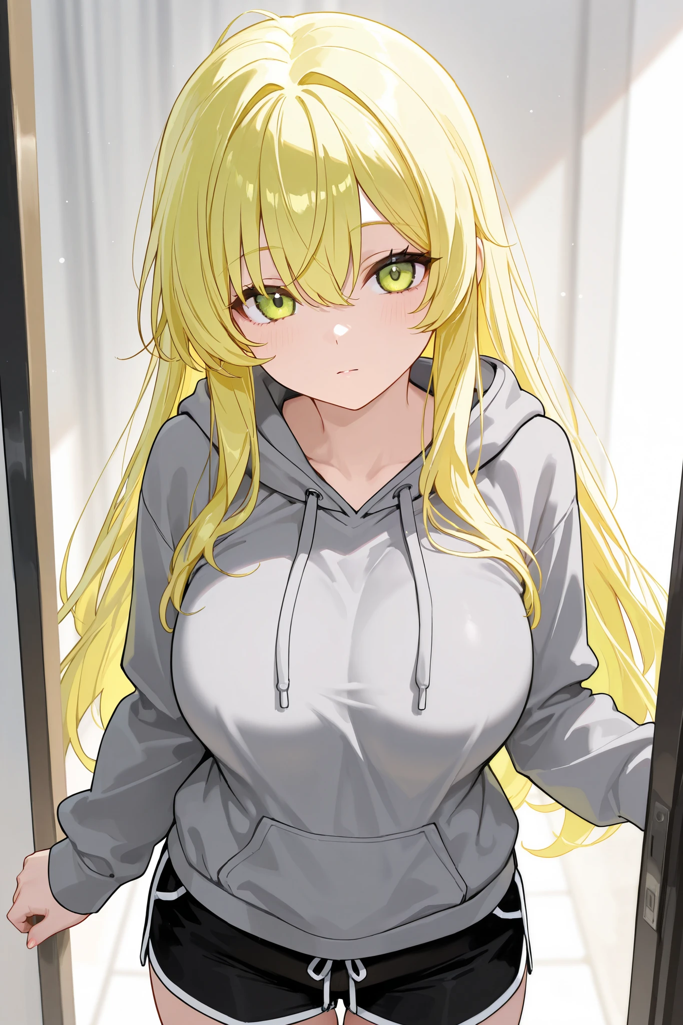 1 woman, super beautiful, full body photo, beautiful eyes, very detailed face, cute, HD face, perfect face, yellow hoodie, long hoodie, black pants, long pants, big breasts, blonde hair, long hair, ponytail, bangs, yellow eyes, ultra detail, ultra HD, masterpiece, 4k