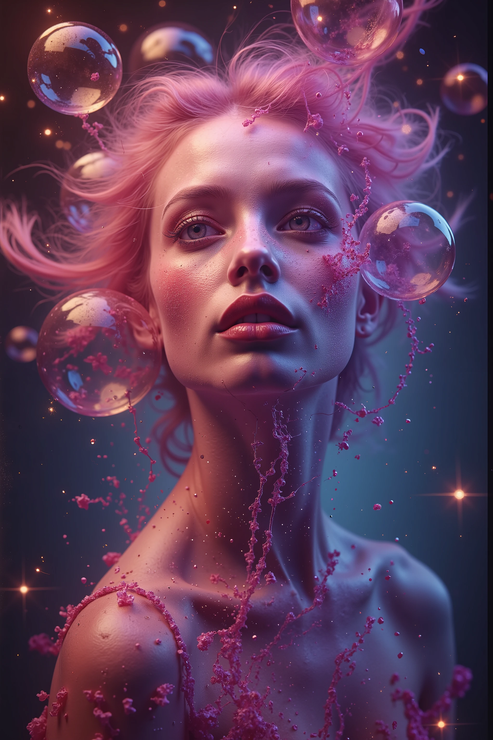 LSD, DMT imagery. octane render. Bright neon bright colors, A beautiful woman is created in a prompt. The new life breaks out and is born, spilling into the universe unexpectedly. Ultra detailed, ultra realistic,Pixel Assets,Portrait photography,surrealism, hyperrealism, Photorealistic, Hyperdetailed, Glass Morphism, Digital Art, Sparkle, Optical Illusion, Glowing Light, Reflective Light, Overexposure, Backlighting,full focus, spheres and bubbles show perfect Symmetry, Awe inspiring, Breathtaking, Indescribably Beautiful, Heaven sent images, Best Quality, Award Winning, Masterpiece.