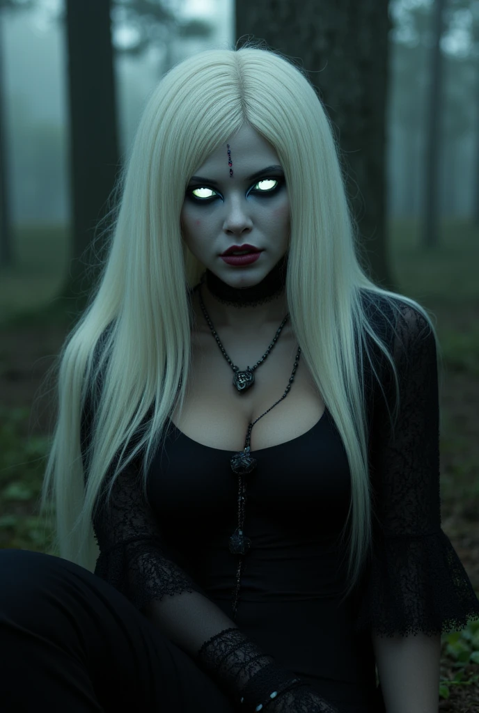 A woman, blonde with purple eyes and pale skin, twisted smile, serial killer, in the background a forest