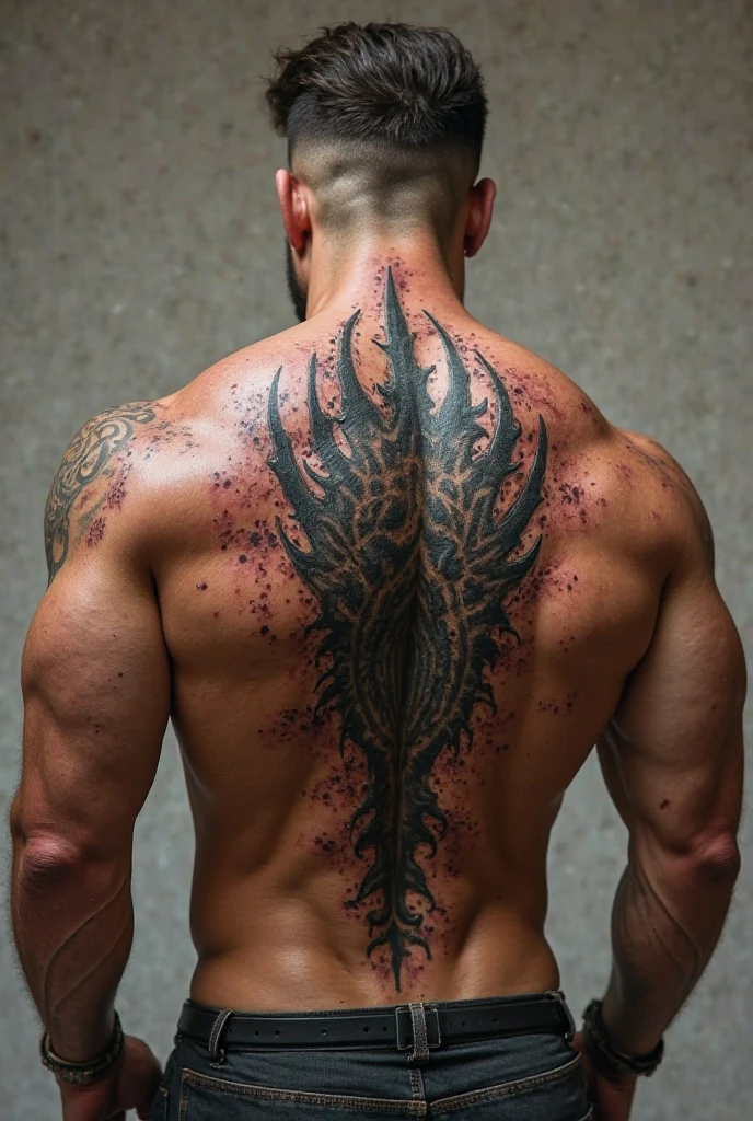 Claw scar tattoo on man's back. defined features
