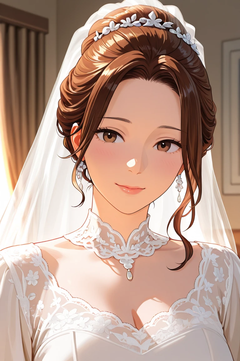 40 year old girl with curly dark blonde hair, yellow eyebrows, green eyes, dark red lipstick, red necklace, white earrings, wedding dress, likes wealth
