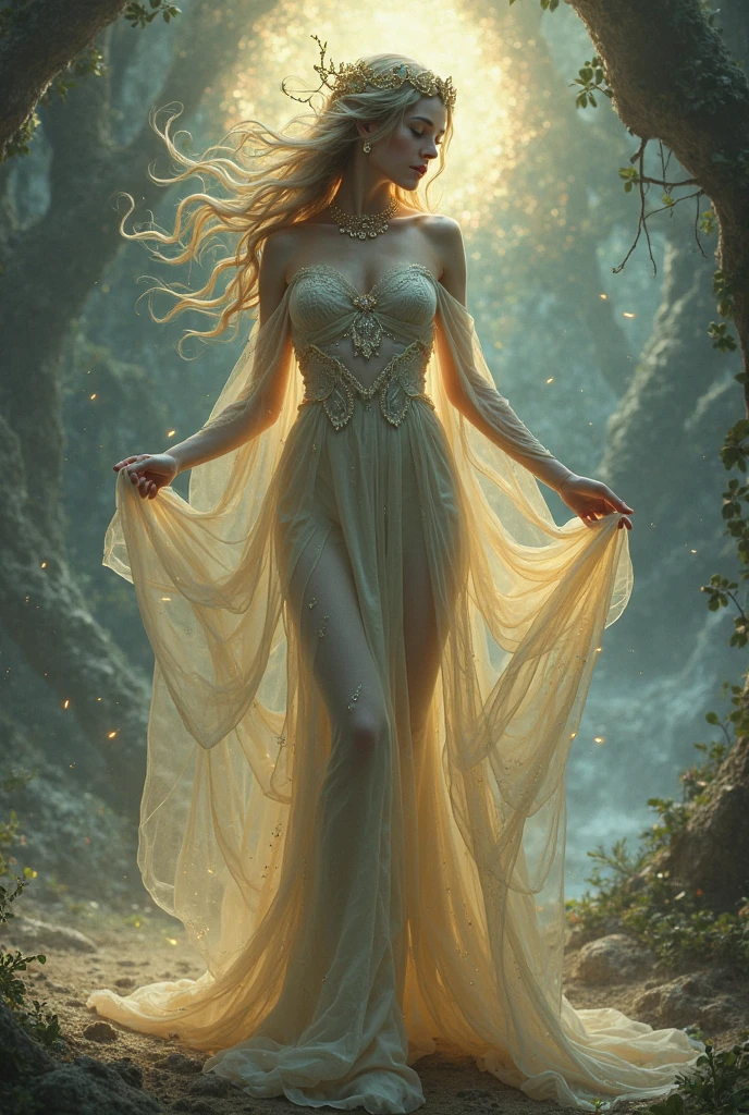 Goddess Artemis, divine figure blessing the warriors, ancient Scythia, ethereal flowing robes, sacred grove with trees and wildlife, empowering the Amazons with strength and nature's connection, close-up, hyper-realistic, photo realism, cinematography --ar 9:16.