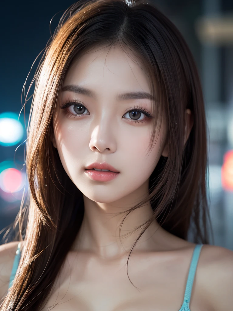 (1young girl), extremely cute, ((extremely detailed beautiful face)), Amazing face and eyes, shining eyes, Pink eyes, (Glossy lips)), fair and transparent skin, bare shoulders, (Best Quality:1.4), (Ultra-detailed), Professional Photography, Realistic portrait, (((Bokeh))), depth of fields,