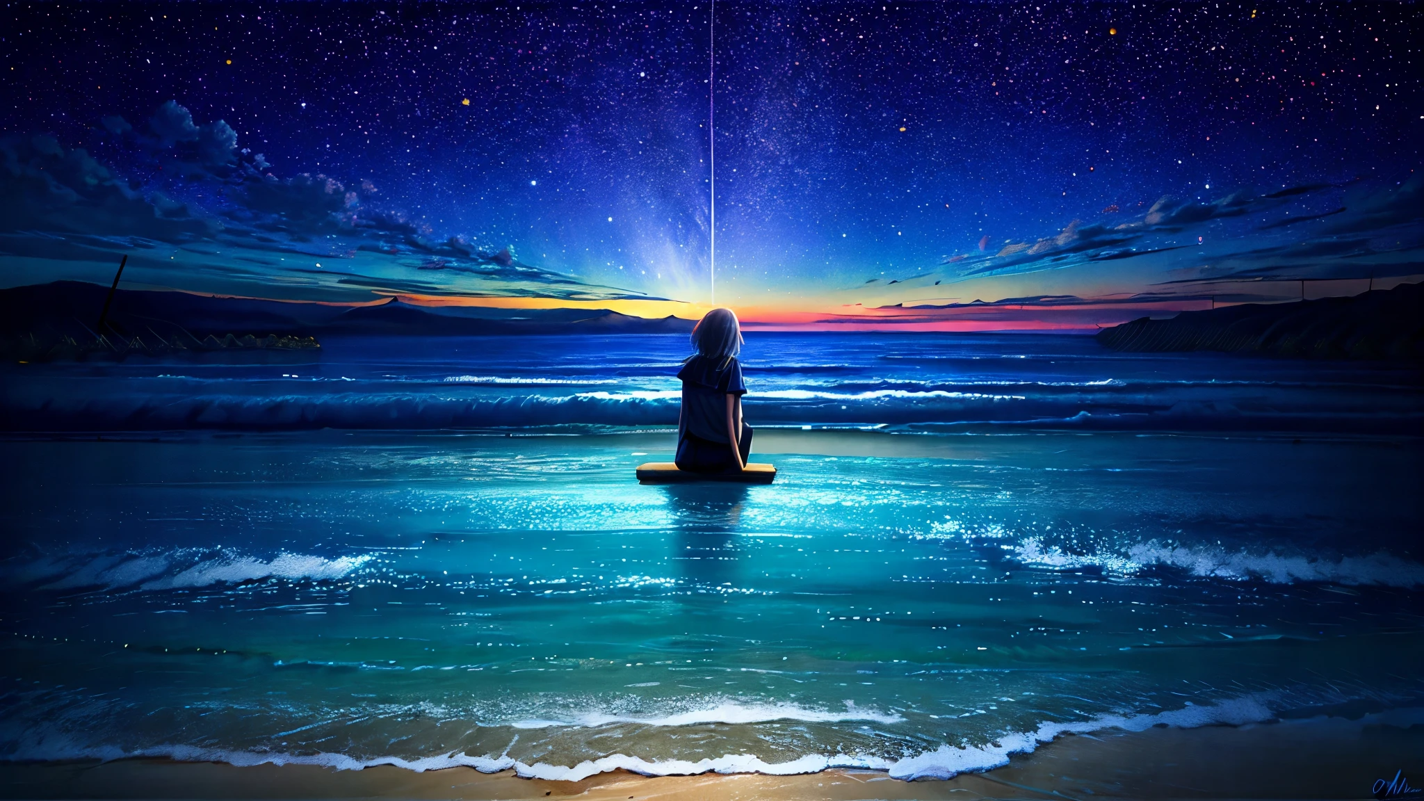 超HD, HD, high quality ,壮観なscenery,octans, null, 満天の星null, scenery, 星null, night , 1 girl, night null, shooting star, the Milky Way Galaxy covering the entire sky, 海に夜nullが映っている,is sitting, tree, long hair, silhouette , A lot of plankton is shining blue in the sea at night,The ocean is shining blue,Noctilucent bugs are glowing pale,Sea fireflyがもの凄く光っている, beautiful sandy beach,