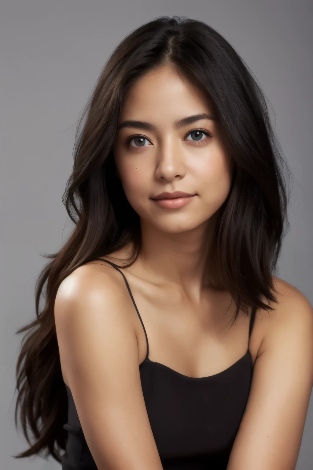 (photorealism:1.2), photo-realistic, hd, 4k, mexican woman
, 19-year-old, natural tan skin tones,  no makeup,  shoulder-length dark brunette hair, bright blue eyes, full lips that curve into a subtle smile, front view,

