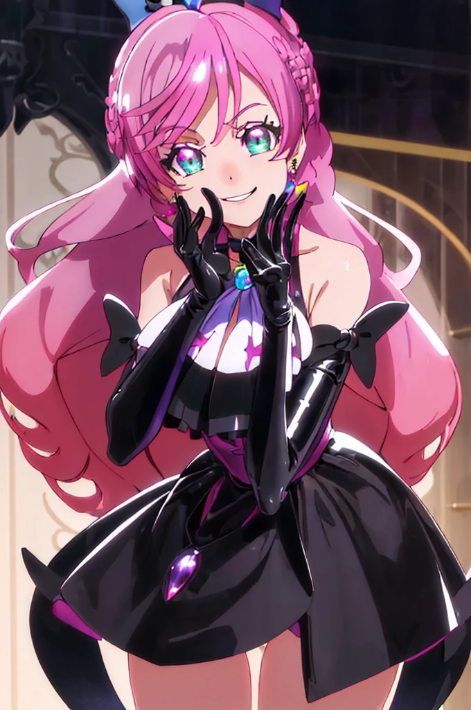best quality, ultra detailed,1girl, solo, ((cure_prism_hirogaruskyprecure)), long hair, green eyes, pink hair, bow, bangs, black bow, 1girl, braid, gloves, holding, looking at viewer, black gloves, earrings, black skirt with frills, small breast, black enamel boots, open, mouth, evil smirk, devilish smile, (shiny fabric:1.5), full body shot, purple gem, seductive pose, blush, demon tail, (beautiful detailed eyes:1.6), extremely detailed face, perfect lighting, extremely detailed CG, (perfect hands, perfect anatomy), red and black color scheme, shiny material, smirks, black ribbon, black satin gloves, (single bat wing on back), (dark energy ball on hand), black frills, jewelry, corruption, latex shine, black gothic cloak, velvet curtain in the background, black rose ornament, purple mesh,