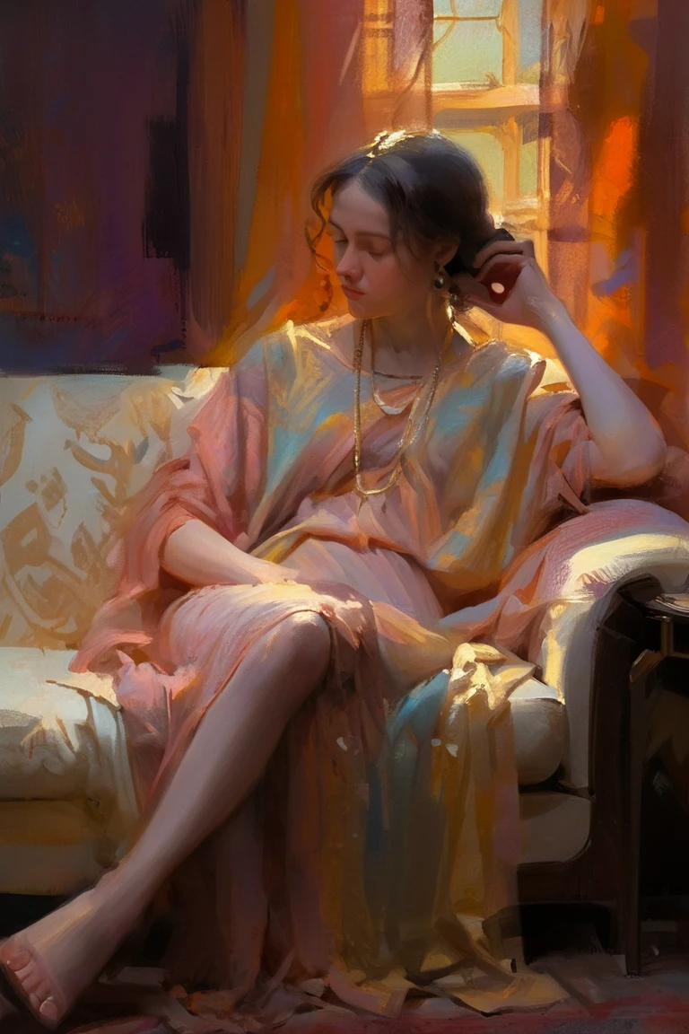 Oil painting on canvas, A languid lady modestly lies on the sofa with her eyes closed, languid pose, natural colors, nude genre, detail