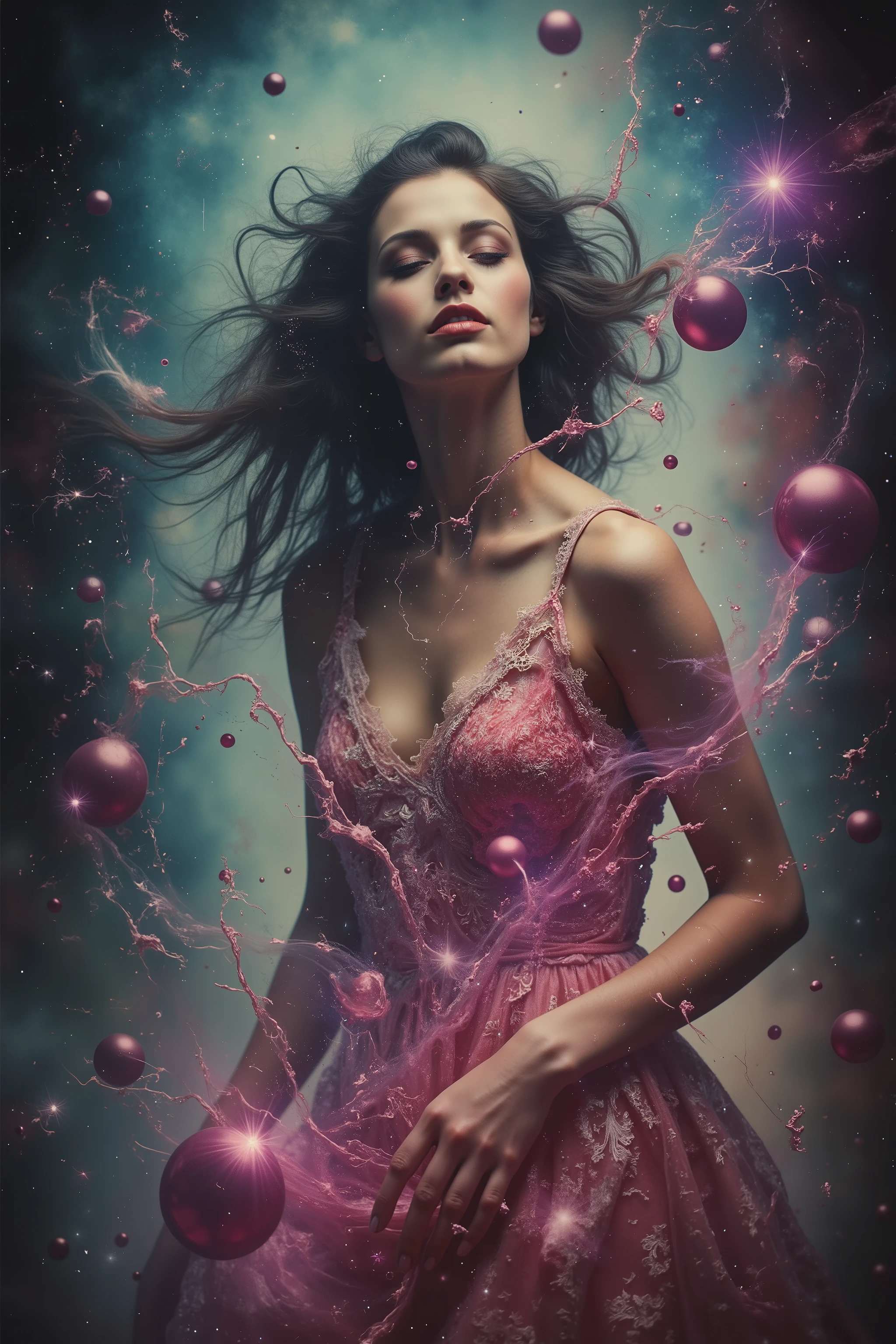 LSD, DMT imagery. octane render. Bright neon bright colors, A beautiful woman is created in a prompt. The new life breaks out and is born, spilling into the universe Bubbles and spheres glow and reflect. Ultra detailed, ultra realistic,Pixel Assets,Portrait photography,surrealism, hyperrealism, Photorealistic, Hyper detailed, Glass Morphism, Digital Art, Sparkle, Optical Illusion, Glowing Light, Reflective Light, Overexposure, Backlighting,full focus, spheres and bubbles show perfect Symmetry, Awe inspiring, Breathtaking, Indescribably Beautiful, Heaven sent images, Best Quality, Award Winning, Masterpiece.