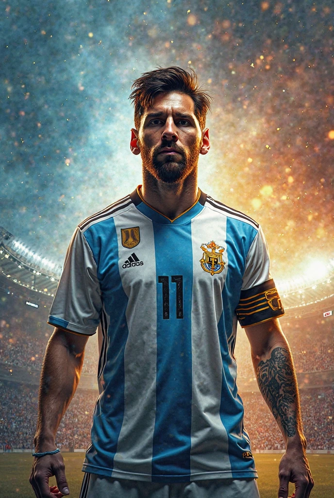 Messi playing soccer, Argentina jersey, bathed in a captivating glow of ethereal bioluminescence, Illuminate the scene with a seamless blend of realism and intricate details, Realism, ray tracing, best quality, highres, 16k