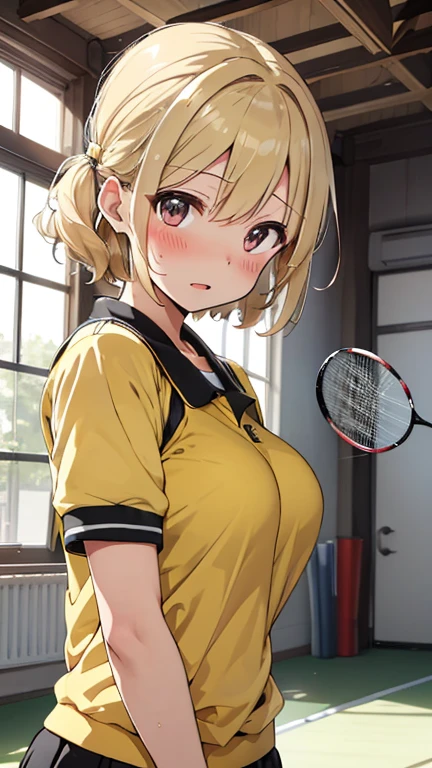 (1 girl),(Best Picture Quality, 8K, Masterpiece:1.3), (Middle school students:1.5), ((yellow beige lob hair:1.1)), (bob cut),(blunt bangs:1.3), (cute eyes, pupil black, iris orange, youthful face),(standard weight), (small breasts), (glistening skin:1.2),(pale skin:1.2),(serious:1.4),(sweat:1.1),BREAK,((play table tennis:1.2)), ((table tennis racket:1.3)), (table tennis uniform),(sweat:1.1), ((pov:1.3)).