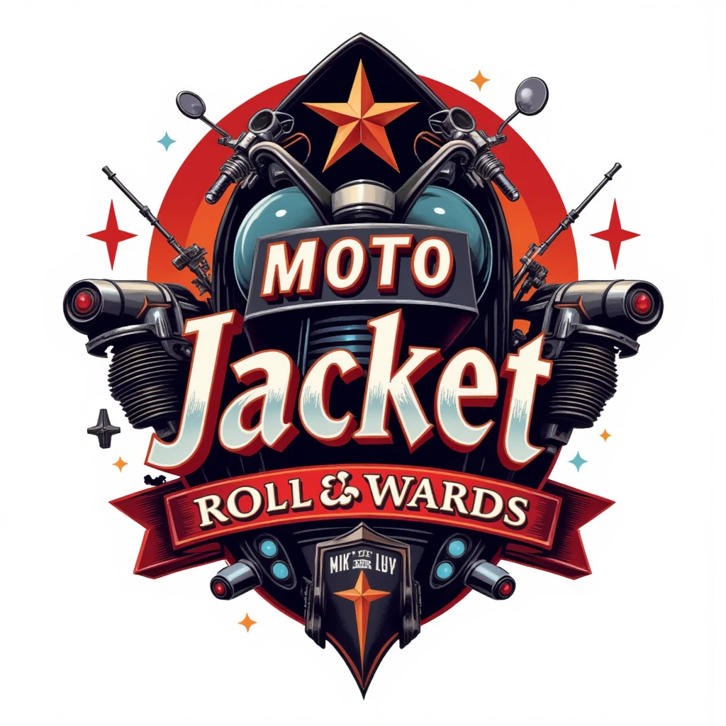 Design a vintage-inspired rock band logo for 'Moto★Jacket', featuring the name in bold, distressed font. Include a star (★) in the center of the logo, with retro touches like leather jackets, old-school motorcycles, and neon lights. The color scheme should focus on red, black, and white, with some metallic accents. The overall feel should evoke the rebellious spirit of the 1950s rock and roll and biker culture. White background