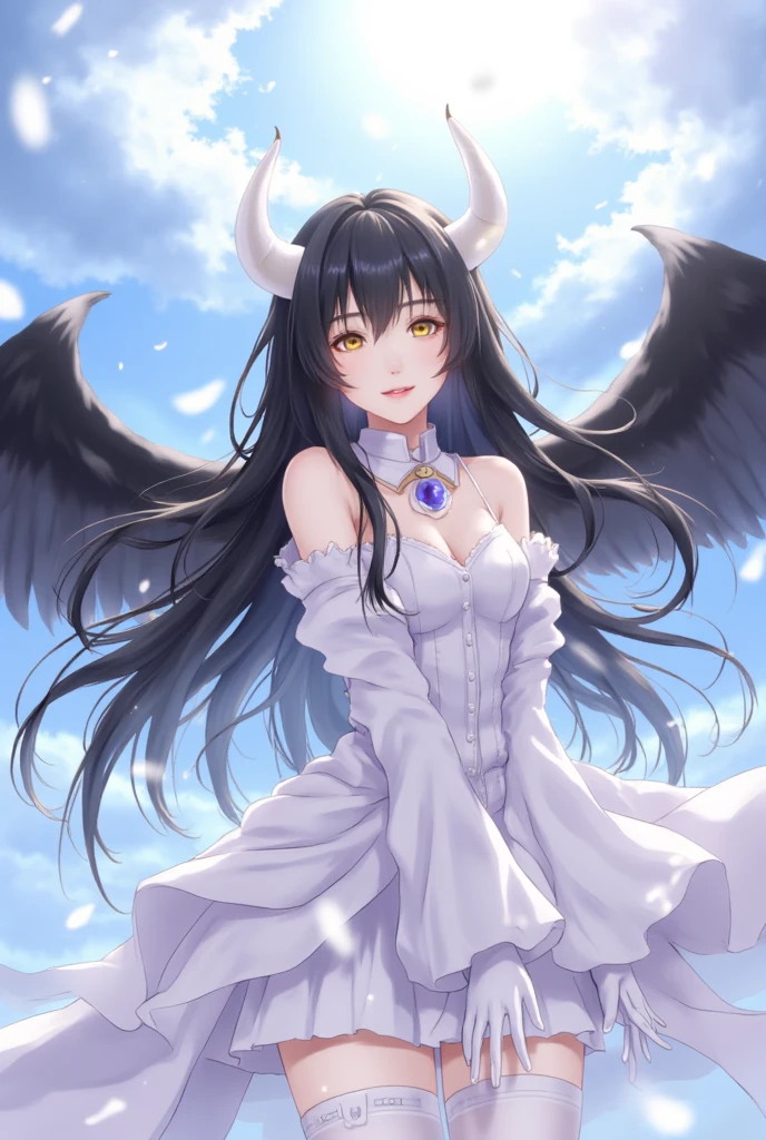 An impeccable beauty, Albedo is a woman with lustrous jet black hair with a lock at the top of her head emulating an Ahoge hairstyle and the face of a goddess. She has golden irises and vertically split pupils; On her left and right temples, there are two thick horns that protrude crookedly, And at her waist, there are a pair of black angel wings.
Albedo wears a pure white dress with silk gloves that cover her slender hands, and a golden spiderweb necklace that covers her shoulders and chest