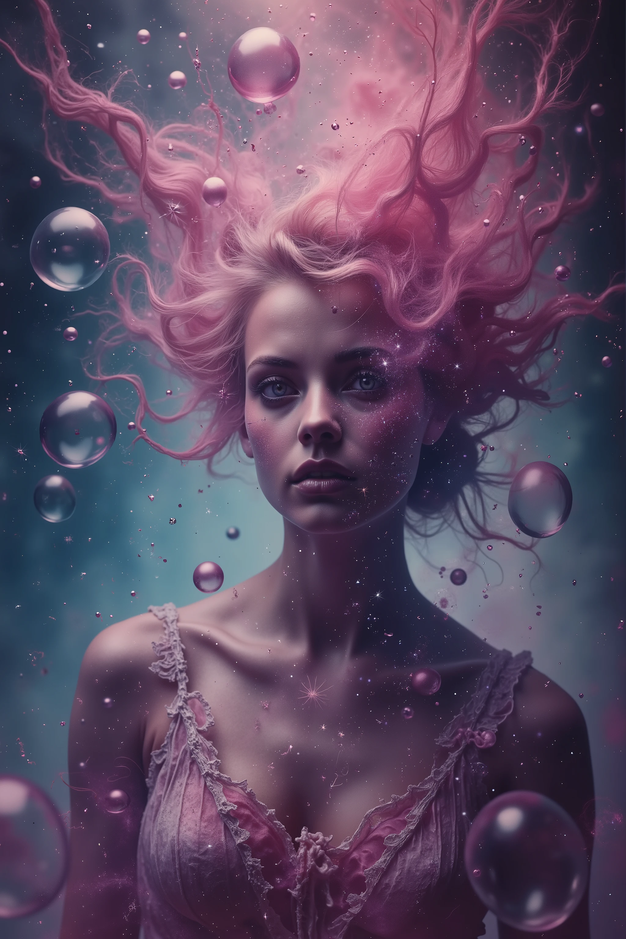 LSD, DMT imagery. octane render. Bright neon bright colors, A beautiful woman is created in a prompt. The new life breaks out and is born, spilling into the universe Bubbles and spheres glow and reflect. Ultra detailed, ultra realistic,Pixel Assets,Portrait photography,surrealism, hyperrealism, Photorealistic, Hyper detailed, Glass Morphism, Digital Art, Sparkle, Optical Illusion, Glowing Light, Reflective Light, Overexposure, Backlighting,full focus, spheres and bubbles show perfect Symmetry, Awe inspiring, Breathtaking, Indescribably Beautiful, Heaven sent images, Best Quality, Award Winning, Masterpiece.