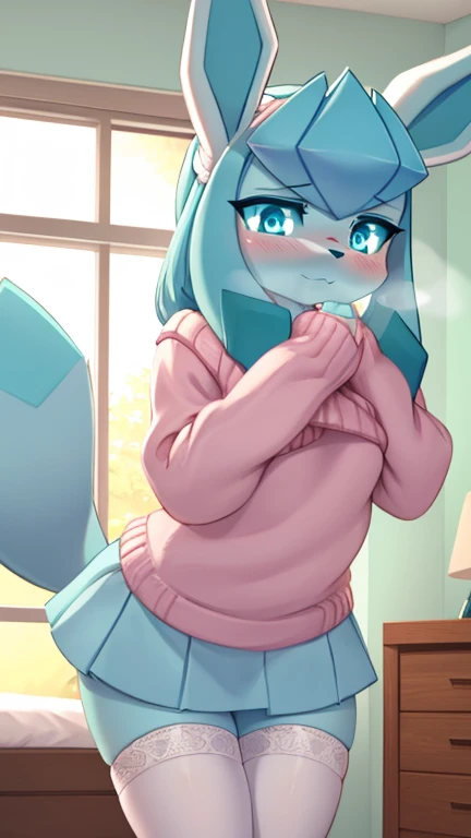 (Masterpiece) (High Detail) (High Res) A short little slim humanoid girl with pale human skin and blue eyes and long blue hair and blue dog ears and a fluffy blue dog tail and average breasts. She is dressed in a white t-shirt and grey baggy joggers that show the outline of her large cock and balls. Crotch bulge. Cock outline down leg. She has blushing cheeks and looks nervous. She has blushing cheeks and looks annoyed. Arms folded.