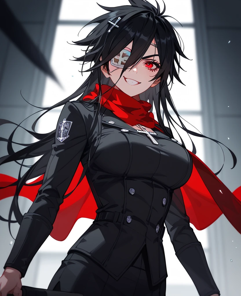 ((Highest quality)), Ultra-high resolution,Adult women, alone, sexy, (Stern face), (Red eyes), Beautiful face in every detail,(High resolution detail of human skin texture), (Black irregular long hair), Black coat,Black suit pants,A mercenary woman,(have a gun in hand),Realistic:1.4,Realistic:1.4,Dark room,((masterpiece)),Perfect and detailed eyes,Curvy body type