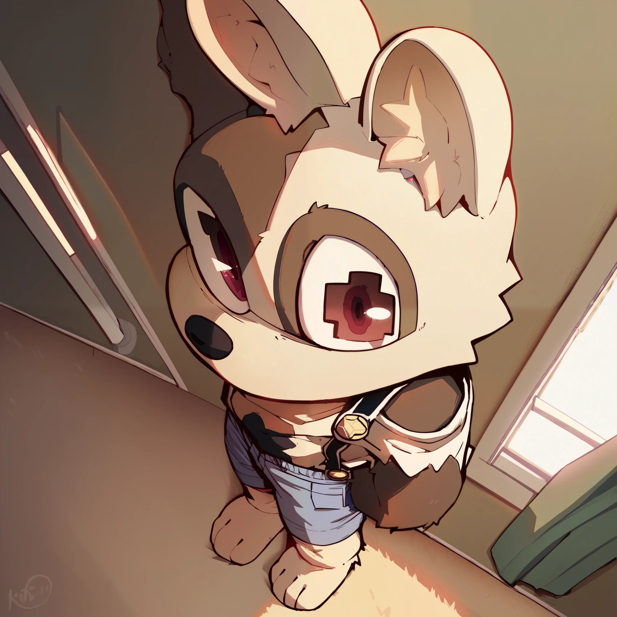 score_9, score_8_up, score_8, furry, odd pupil, cartoon style, 2d, furry male, wearing boxers, high angle, solo, overalls, looking at viewer, inside