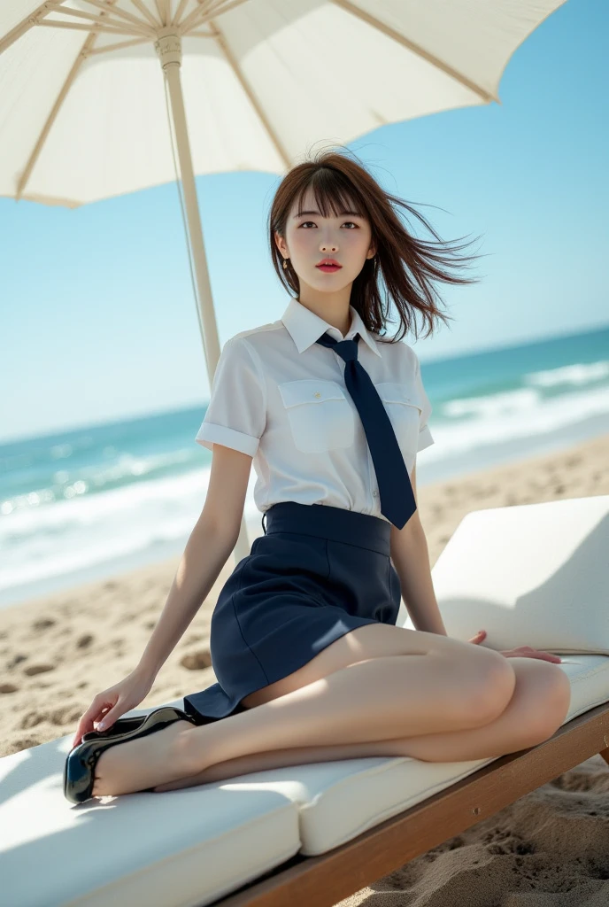 ultra highres,(reality: 1.4),highest quality, masterpiece, high detail, 16K quality, beautiful, 1 beautiful girl,japanese,super beautiful face,baby face,japanese idol face,cute face,super detailed face,detailed hand,beautiful skin,sweaty skin,big eyes,big smile,profeccional lighting,pony tail,brown hair,brown beautiful eyes,sitting with knee up,spread legs,(skirt lift),(white panty),medium breasts,see through white shirt,open button,(black check skirt),high socks,she is looking at the camera,beach,blue sky,blue ocean, nsfw,from front,