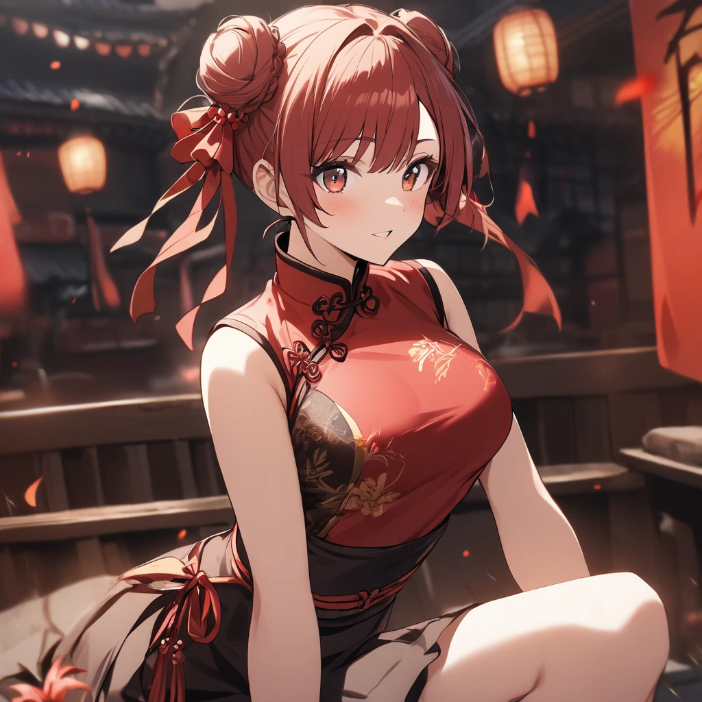 (masterpiece), (Highest quality), (Very detailed), Intricate details, 1 girl, alone, Red eyes, Red Hair, short hair, Hair Bun, Medium breath, Red fingerless gloves, Purple Chinese Dress , short boots,(Outdoor), photo shoot, smile, blush, sunny, Browsing Caution, Chinese boxing, Blurred Background, Street background, information, Chubby, Big breasts