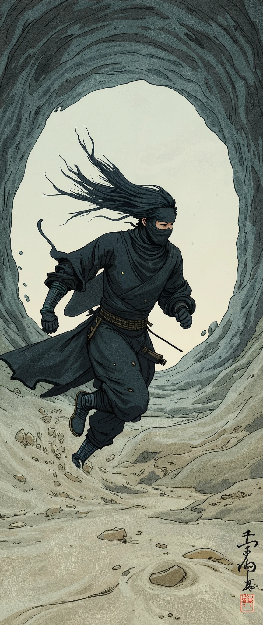 (masterpiece:1.2, Highest quality,high resolution,very detailed),8k,16k,wallpaper,(Walking in the wind),(Super Detail),( Ukiyo-e:1.6),Ninja runs through the wind tunnel, black hair,random hairstyles,( Wind Ninja ),(Black Costume),(detailed faces:1.3),(humpback:1.3),(The background is Wind Tunnel:1.6),hair blown in the wind,(dynamic),(anime artwork),(motion blur)