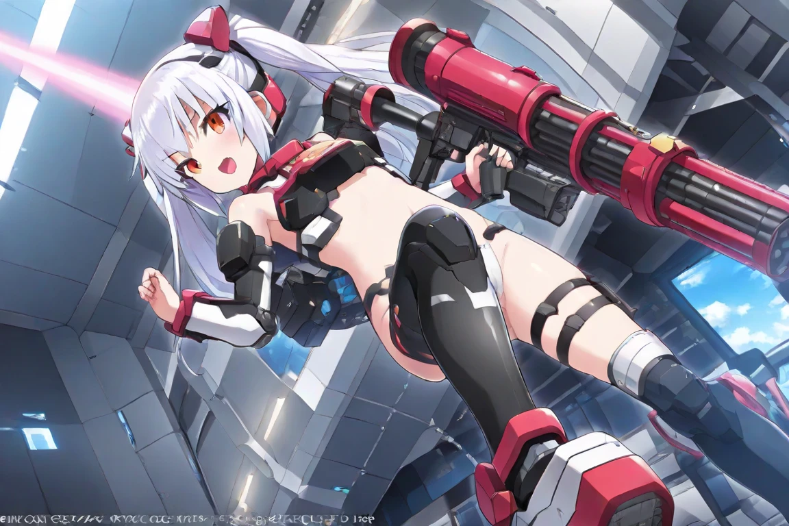 Japanese_anime_style,1figure_girl,(:1.5), (short_ponytail:1.3), (light_whitish_purple_hair:1.3),black_mechanical_armor_parts,white_breasts_parts_red_black_body_suit,bare_shoulder,bare_slender_thighs,medium_breasts,on_the_desk, desk_background,Stinging_eyes,(half_pupil:1.5),sleepy,thighhigh_greaves,gauntlets,dynamic_posing,bare_frank,metal_red_parts_armor,red_eye,
fists,hold_weapon,glare,navel,large_mechanical_parts,happy,waist_armor,open_mouth,rise_legs,apart_legs, (covered_navel:1.3),(very_long_bangs:1.3), (hair_over_one_eye:1.5),(long_bang_covers_right_half_of_face:1.5),
(covered_pussy:1.1),covered_breasts,armpits,