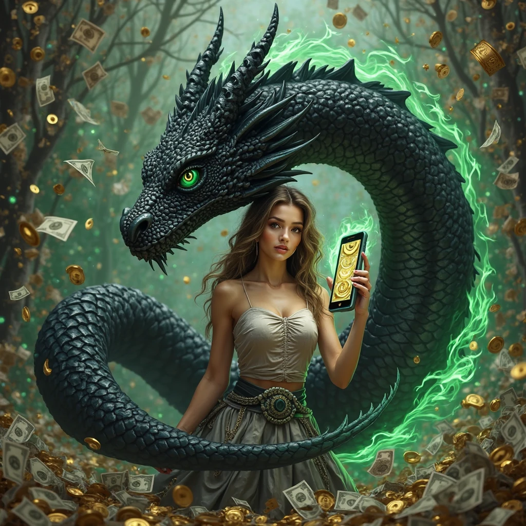 blonde beauty wearing a sheer white dress sits before a dragon in a cave filled with treasure,photo realistic