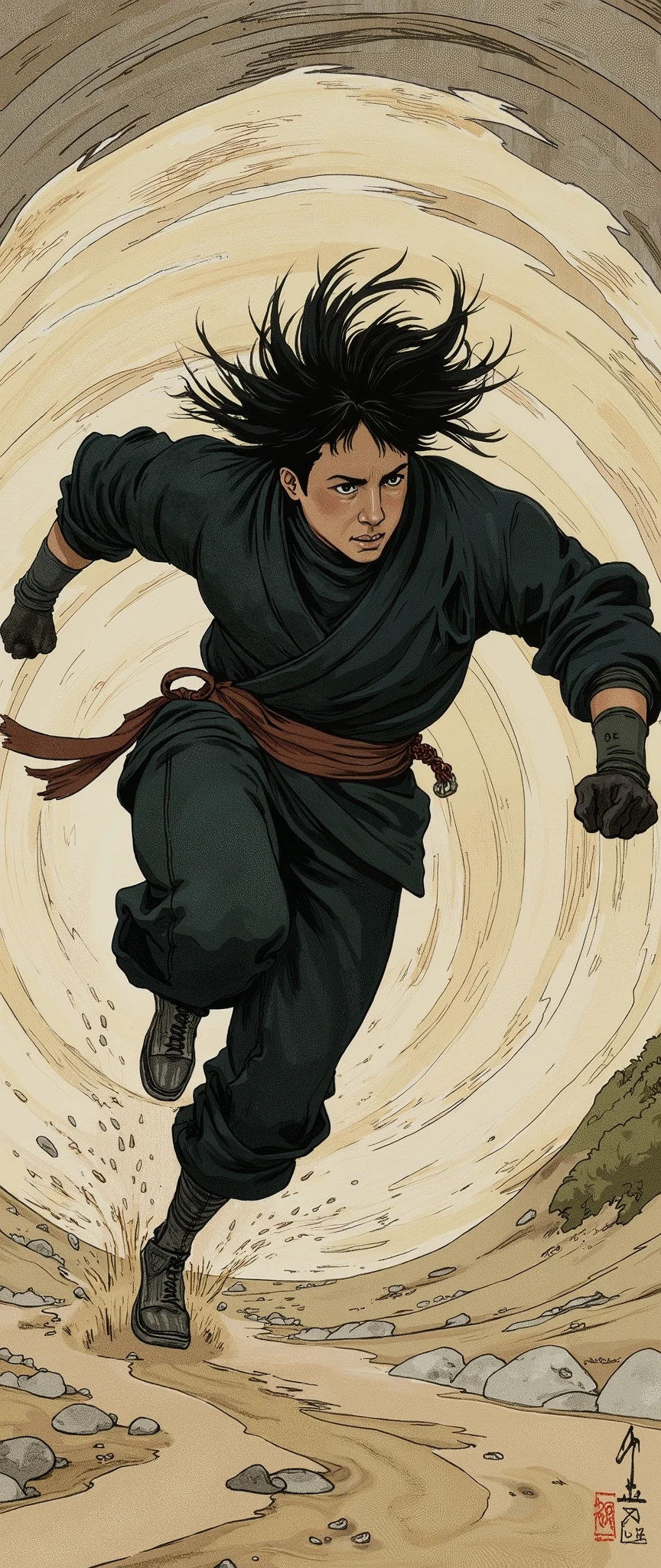 (masterpiece:1.2, Highest quality,high resolution,very detailed),8k,16k,wallpaper,(Walking in the wind),(Super Detail),( Ukiyo-e:1.6),Ninja runs through the wind tunnel, black hair,random hairstyles,( Wind Ninja ),(Black Costume),(detailed faces:1.3),(humpback:1.3),(The background is Wind Tunnel:1.6),hair blown in the wind,(dynamic),(anime artwork),(motion blur),( detailed hands:1.6)