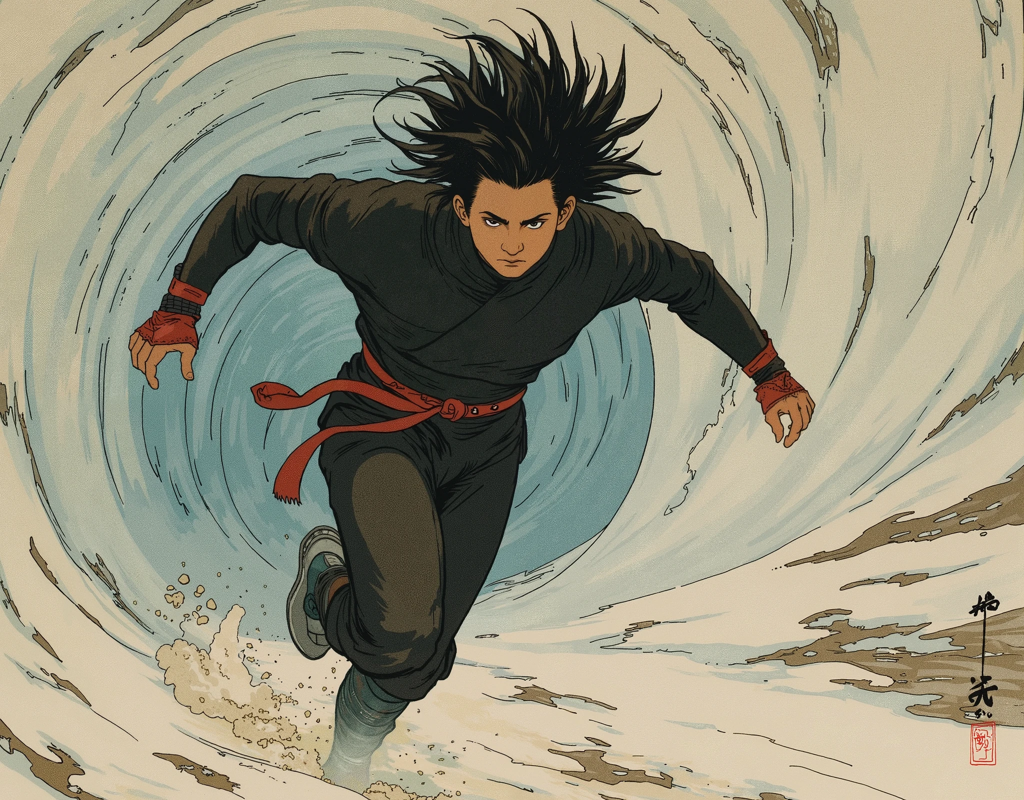 (masterpiece:1.2, Highest quality,high resolution,very detailed),8k,16k,wallpaper,(Walking in the wind),(Super Detail),( Ukiyo-e:1.6),Ninja runs through the wind tunnel, black hair,random hairstyles,( Wind Ninja ),(Black Costume),(detailed faces:1.3),(humpback:1.3),(The background is Wind Tunnel:1.6),hair blown in the wind,(dynamic),(anime artwork),(motion blur),( detailed hands:1.6)