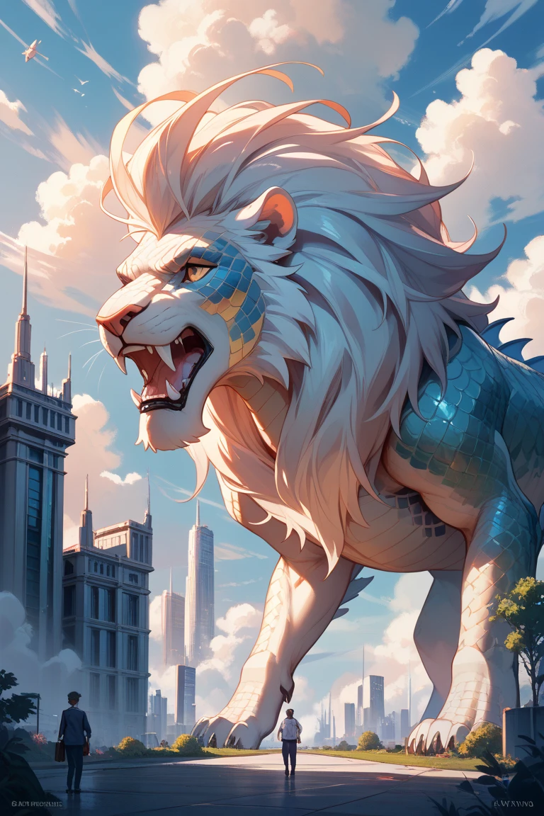 fantasy art deco, cinematic color grading, <lora:EnvySendNoodzXL01:0>1boy, man, ruggedly handsome, noon, blue sky, clouds, scenery, in a resonant Gargantuan Beast Territory<lora:EnvyFantasyArtDecoXL01:1>