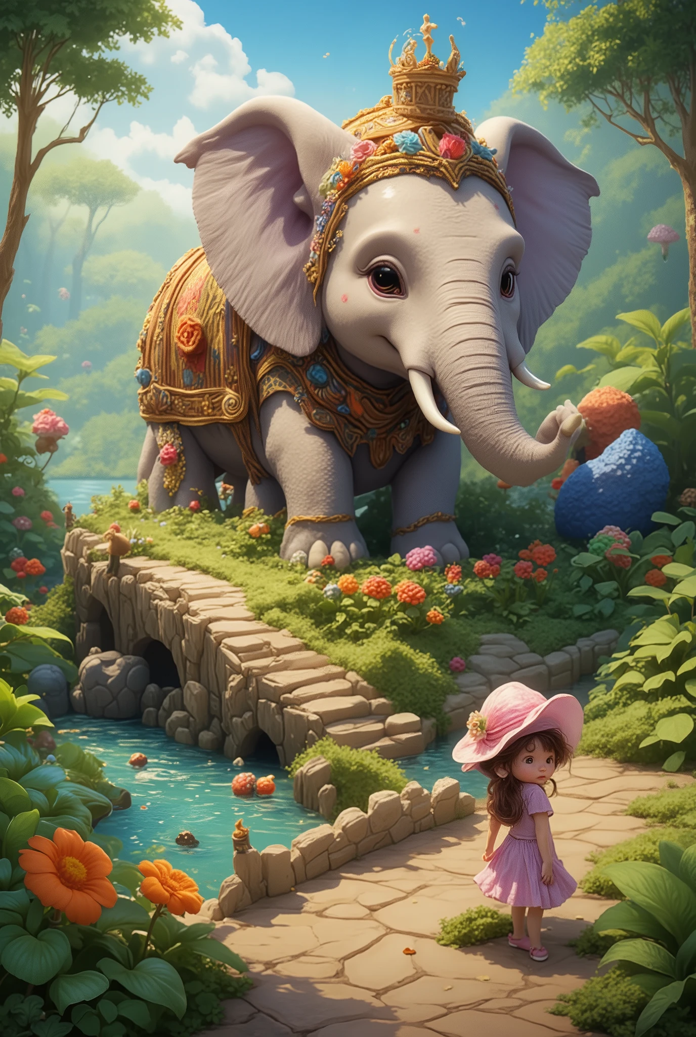 A beautiful Elephant on which the house is wooden with patterns and a beautiful unusual shape, beautiful colors , A girl with long hair is walking, Darling, in a beautiful summer dress, in her hands a fruit basket, a walk along the forest path, trees, Mushrooms, month, Masterpiece , 8 k, best quality, complex details, maximum quality, Pixar style, High definition, wallpaper, cartoon,