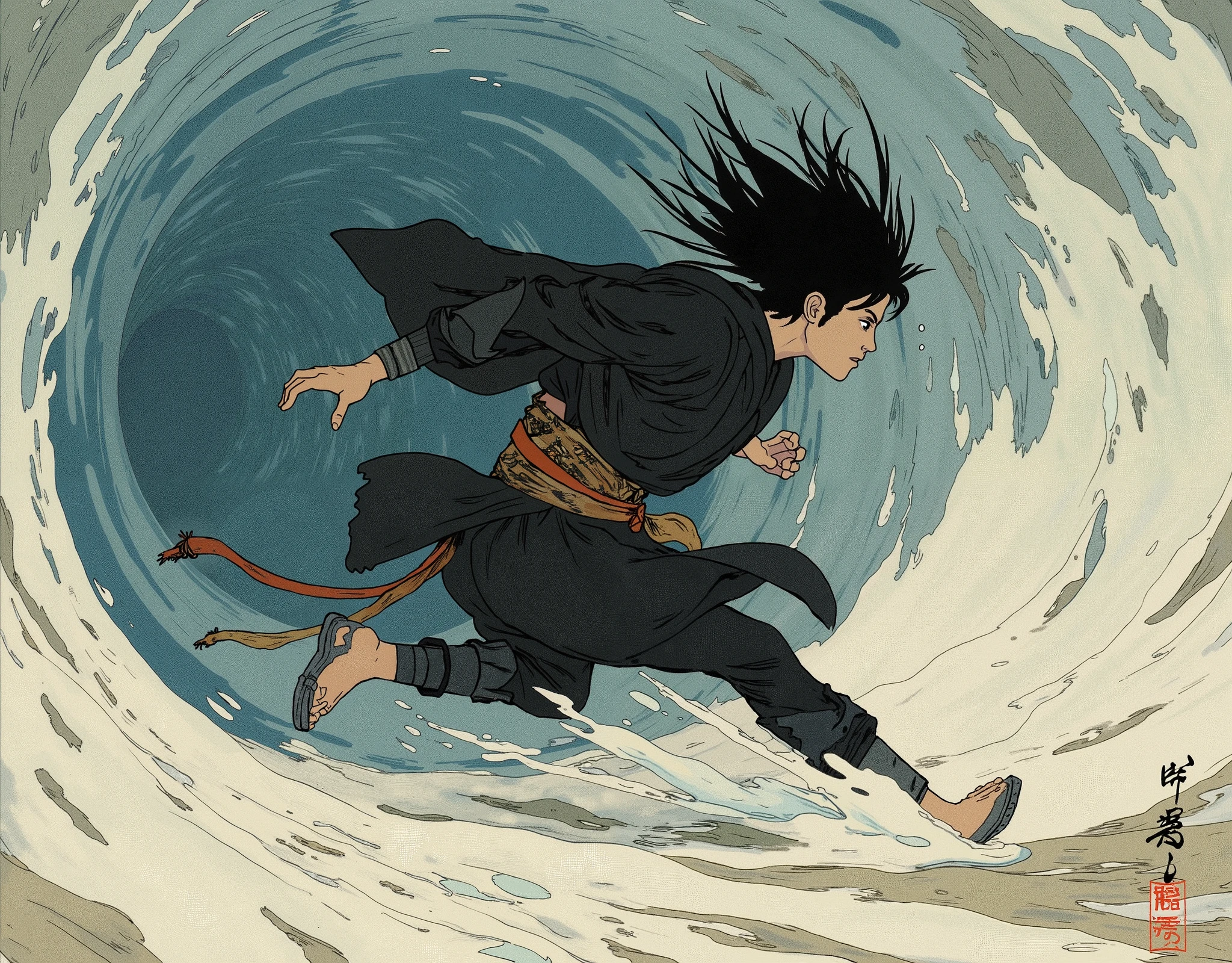 (masterpiece:1.2, Highest quality,high resolution,very detailed),8k,16k,wallpaper,(Walking in the wind),(Super Detail),( Ukiyo-e:1.6),Ninja runs through the wind tunnel, black hair,random hairstyles,( Wind Ninja ),(Black Costume),(detailed faces:1.3),(humpback:1.3),(The background is Wind Tunnel:1.6),hair blown in the wind,(dynamic),(anime artwork),(motion blur),( detailed hands:1.6)