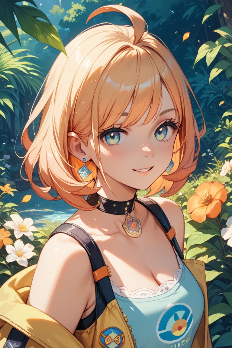 Beautiful adult woman、((Orange short hair))(Yellow Eyes))、Strong smile、Face close-up、A blue swallowtail butterfly lands on my shoulder